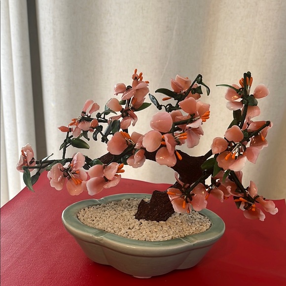 Other - Vtg Bonsai Tree Cherry Blossoms Chinese Jade Glass Petal Celadon pot Pink